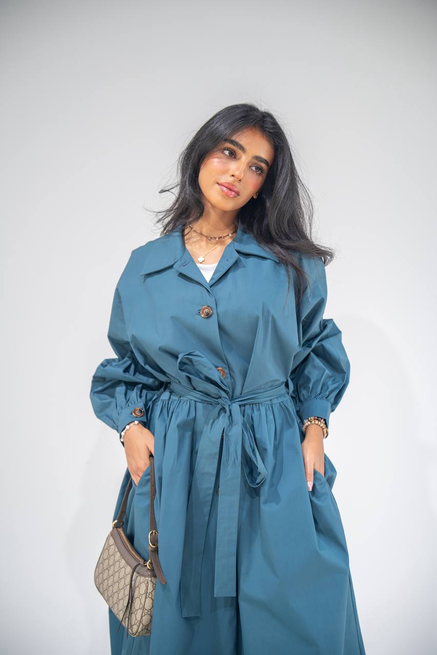 Free size trench coat in blue. C:6685 Blue