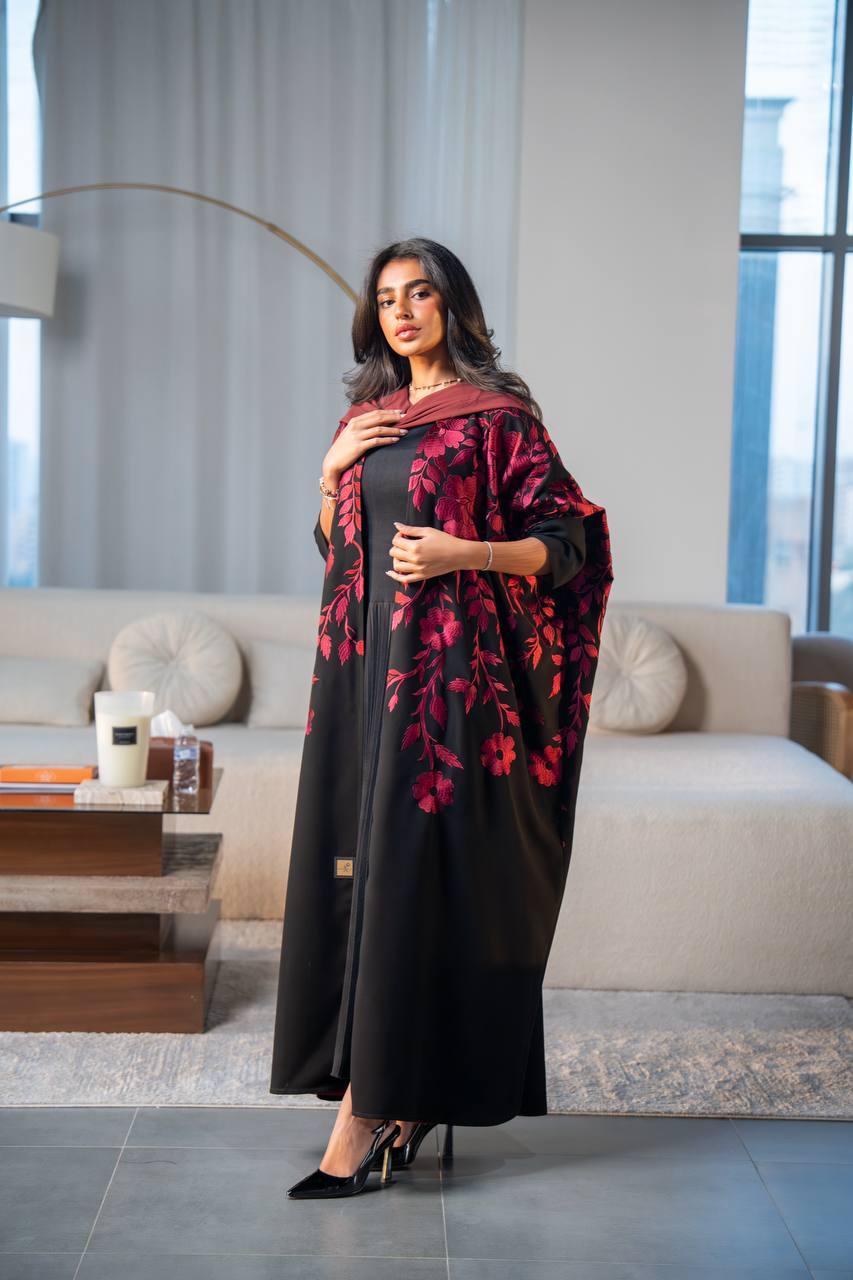 Black crepe abaya with red embroidery.C:6689