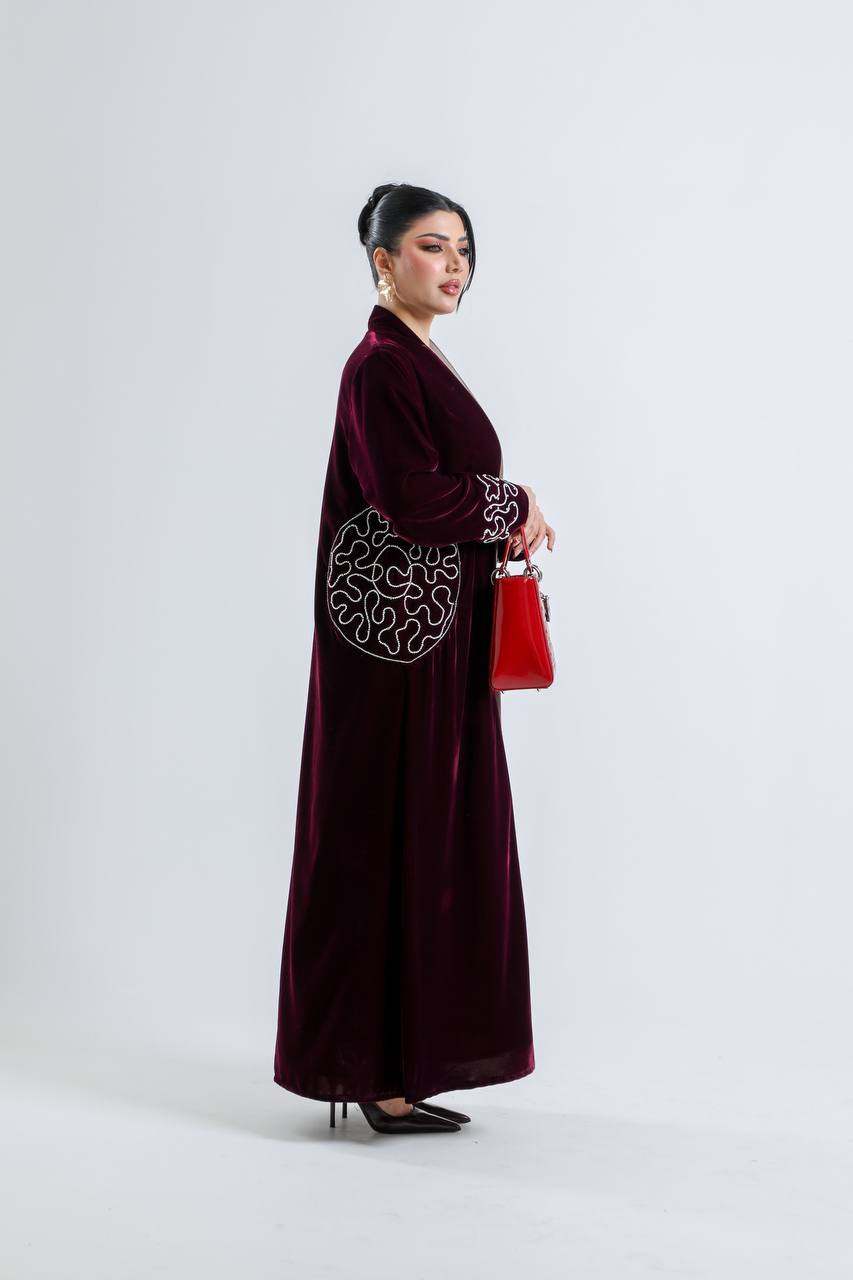 Burgundy and beige velvet abaya with hand embroidery. C:6724