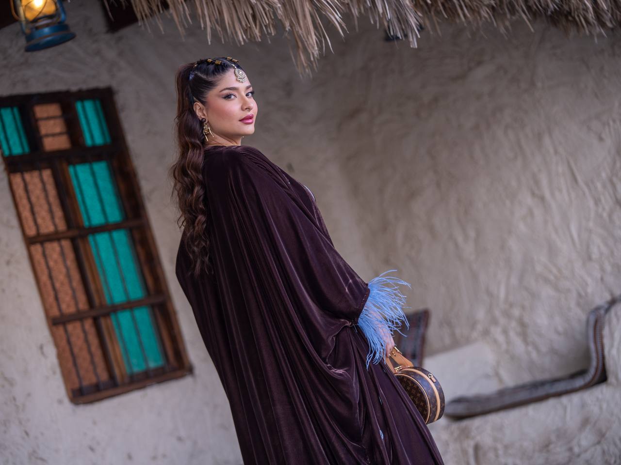 Bisht and dress set in brown velvet with hand embellishment.C:6718