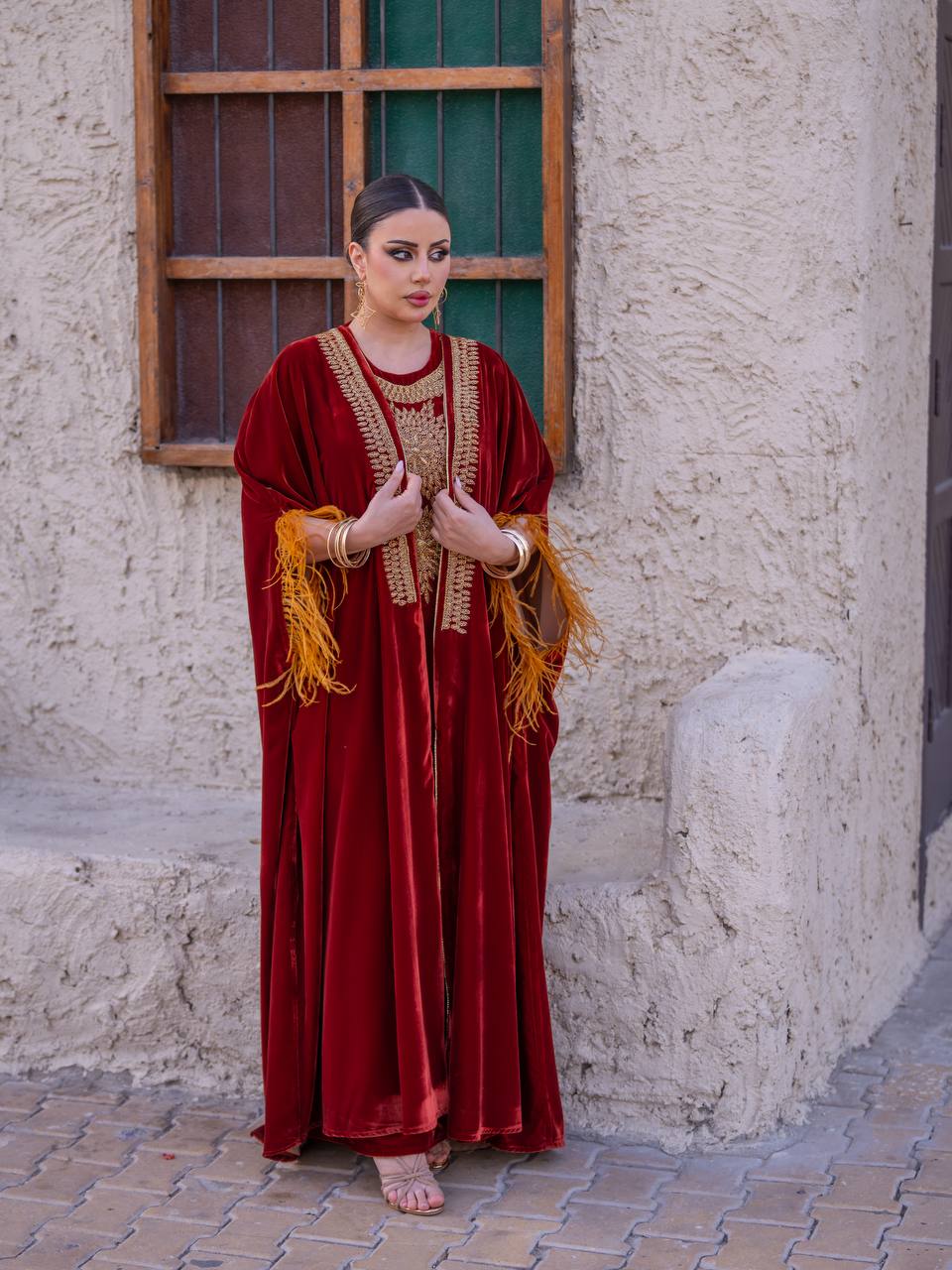 Bisht and dress set in burgundy velvet with hand embellishment.C:6714