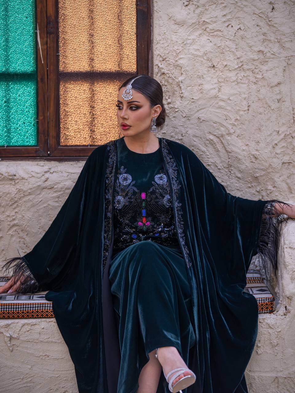 A set of bisht and dress, velvet in olive green with hand embroidery..C:6716