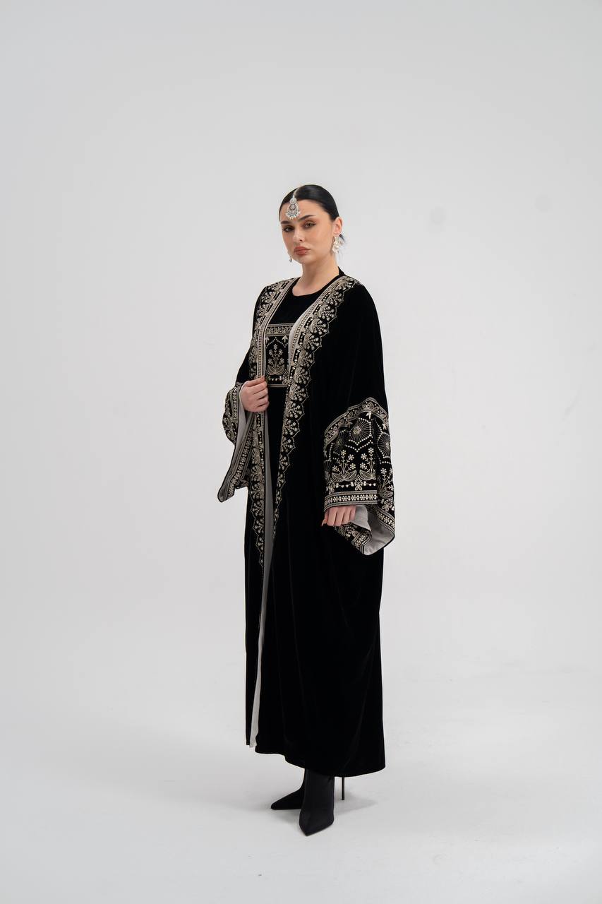 Black velvet abaya with embroidery (with inner set). C:6744