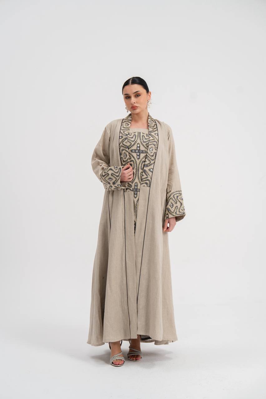 Linen abaya with beige embroidery (with inner set). C:6741