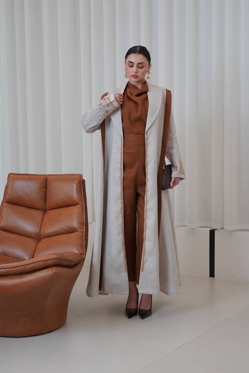 Beige linen blazer abaya with hand-stitched details.C:6751