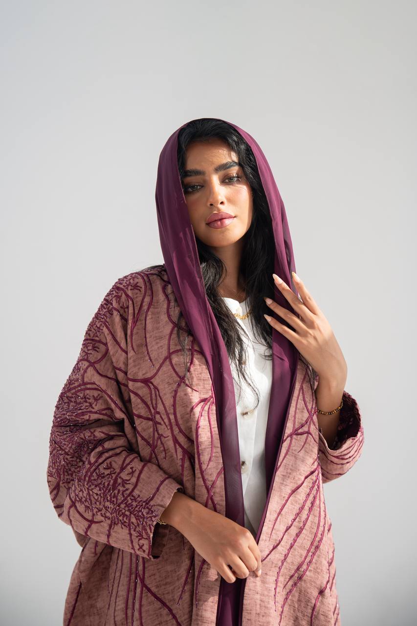 Flesh-colored linen bisht abaya with beading and embroidery C:6648
