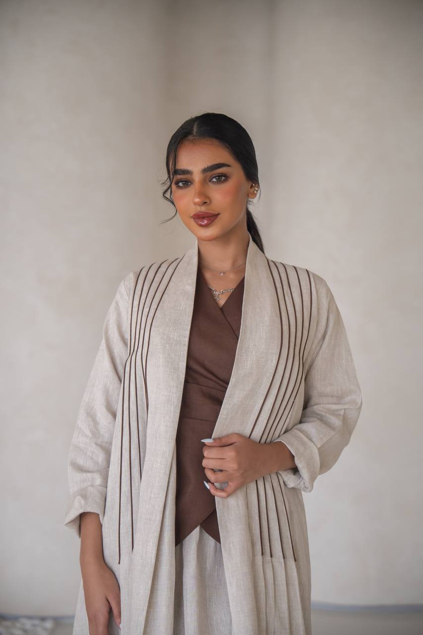 Abaya with a blouse and skirt made of natural linen C:6637 Beige