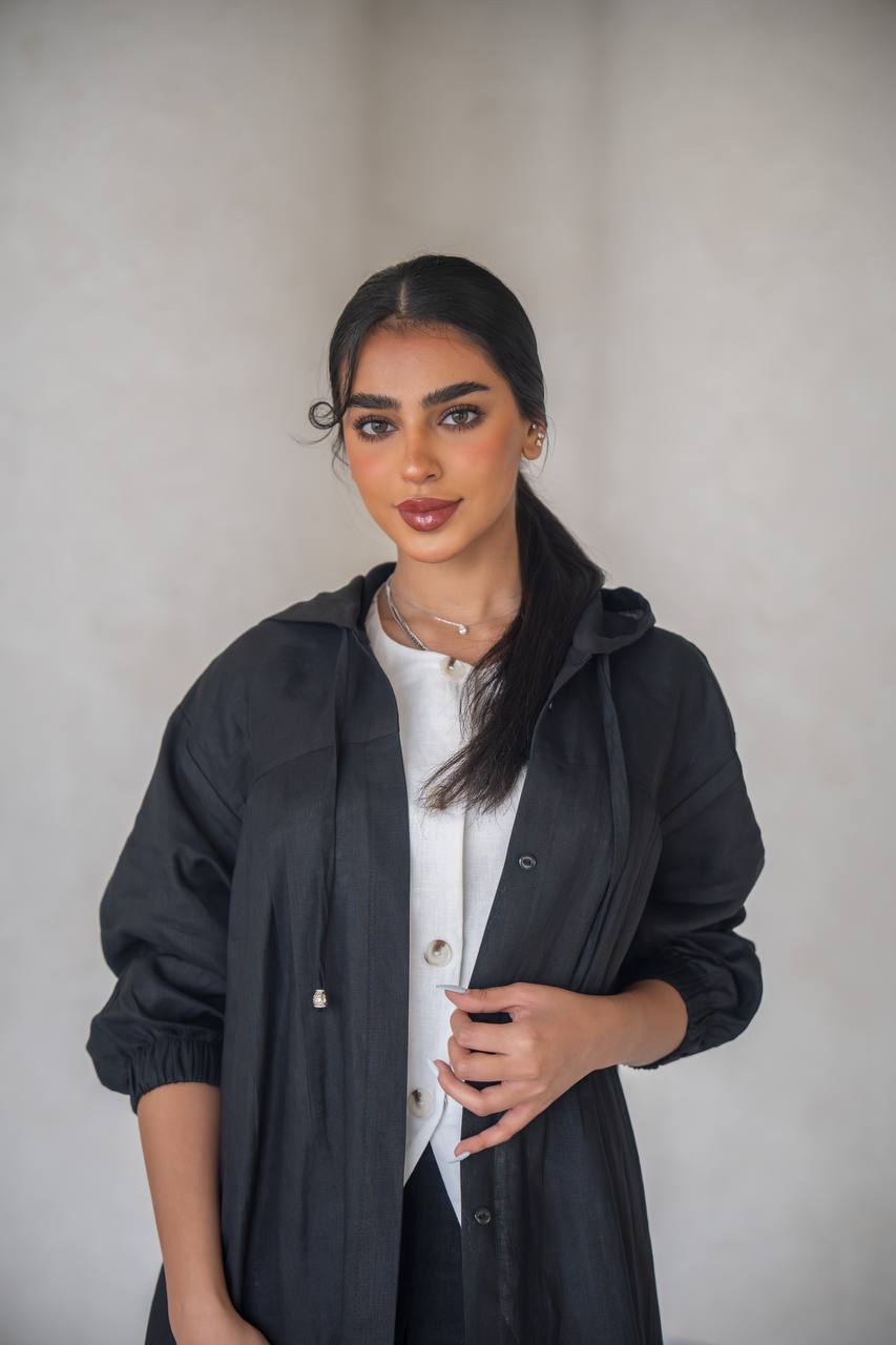 Black abaya with inner set, made of linen C:6634 Black