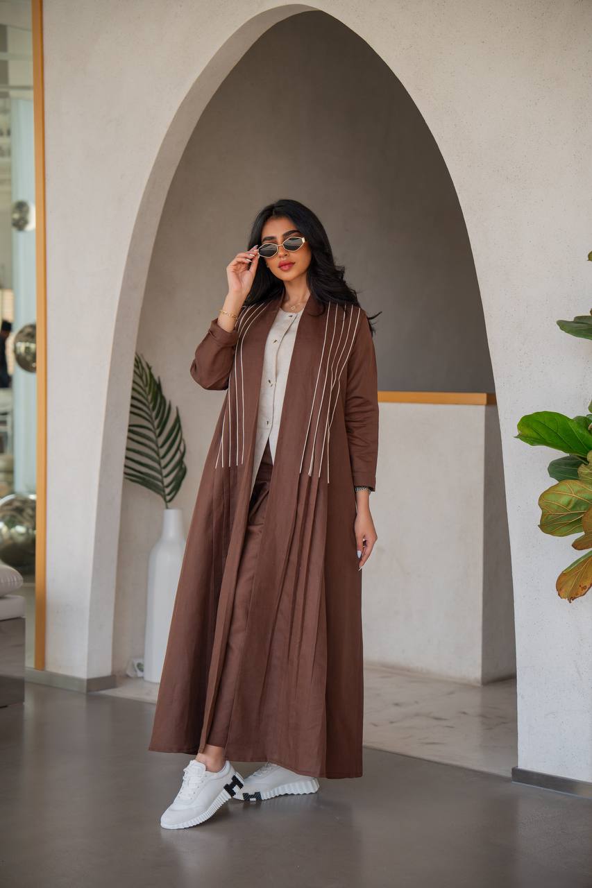 Abaya with inner set made of linen, brown with beige inserts C:6637