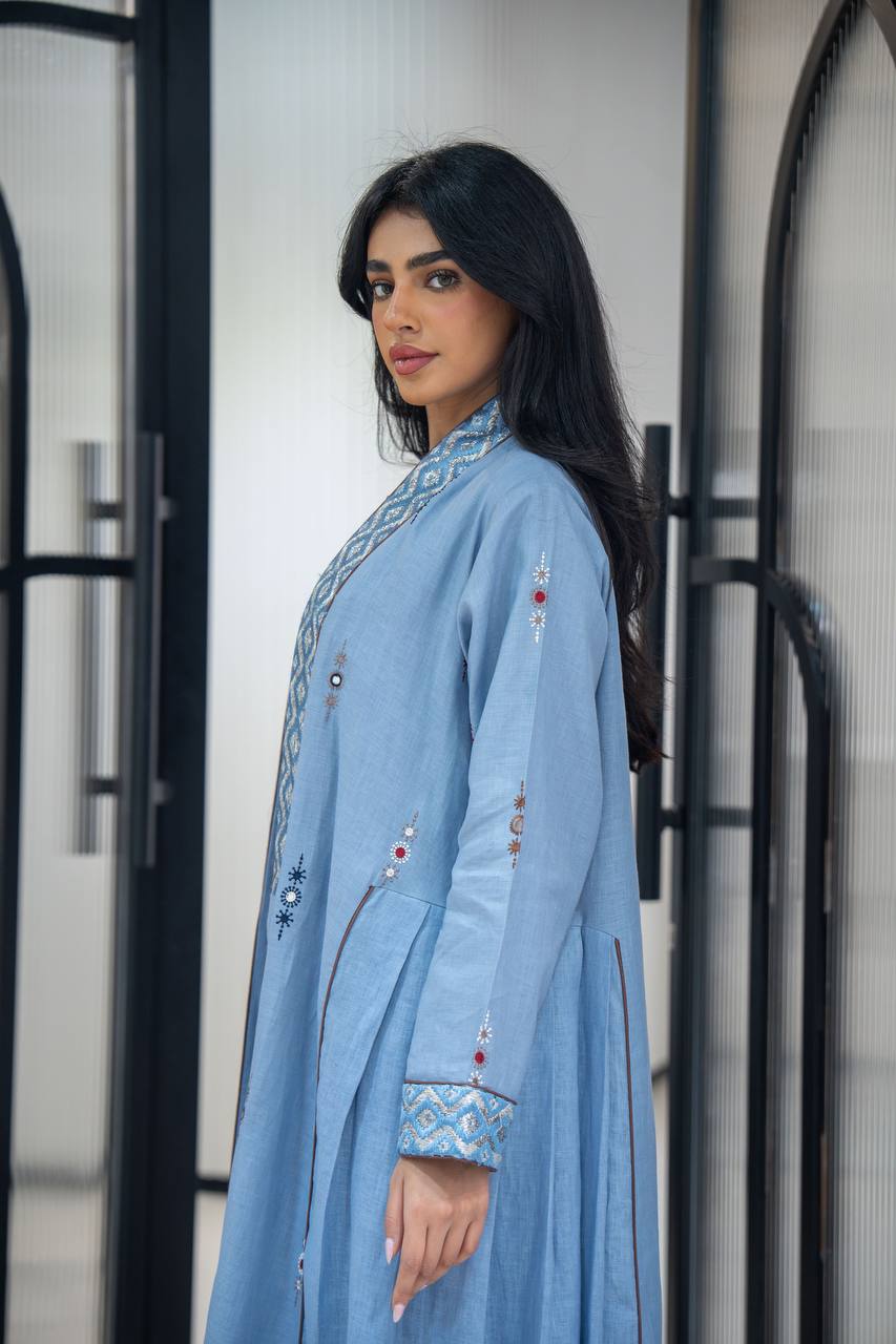 Sky blue linen abaya with embroidery C:6623 Blue