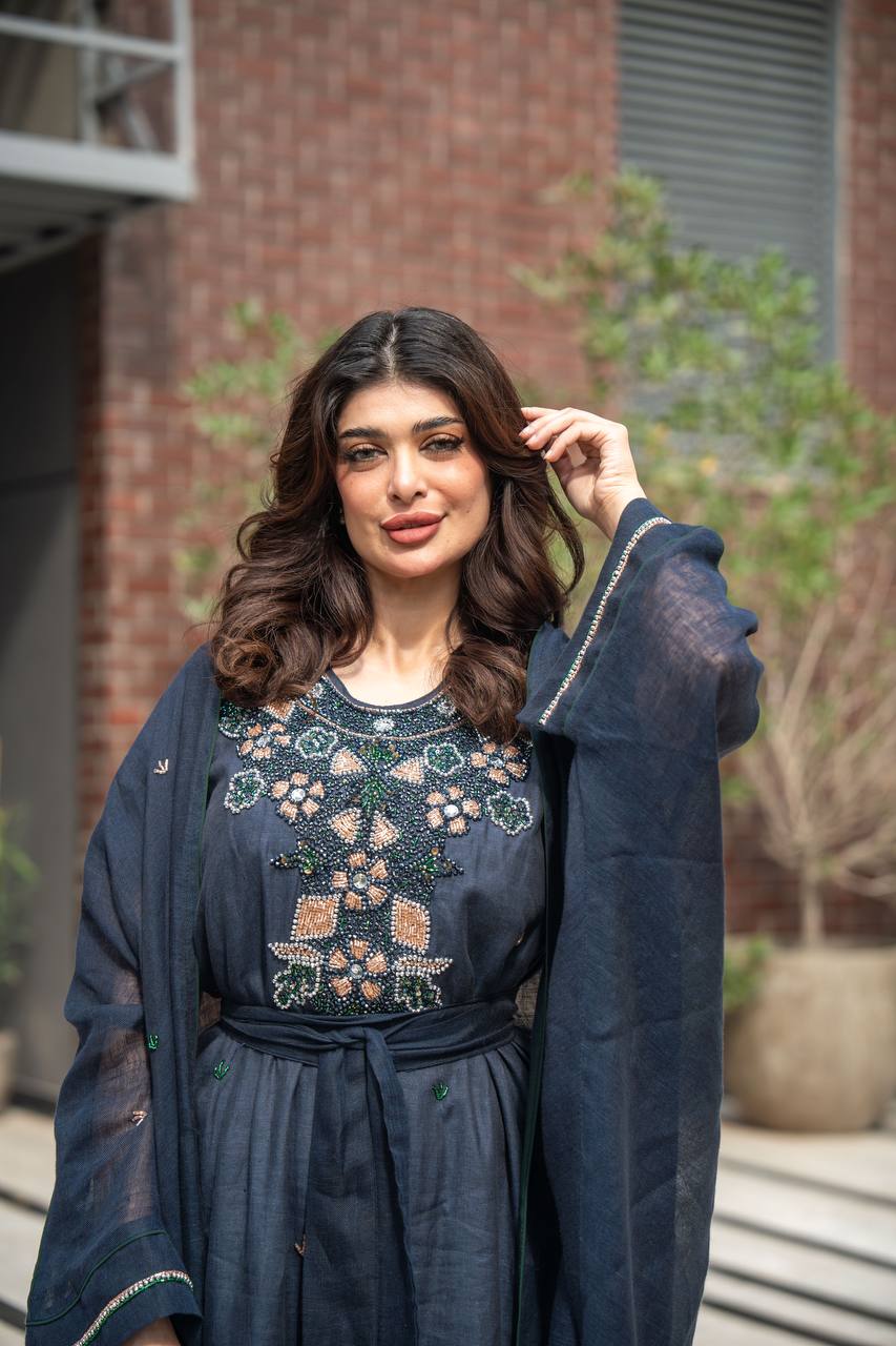 Bisht made of hessian material and linen dress, in navy blue with hand embroidery C:6619