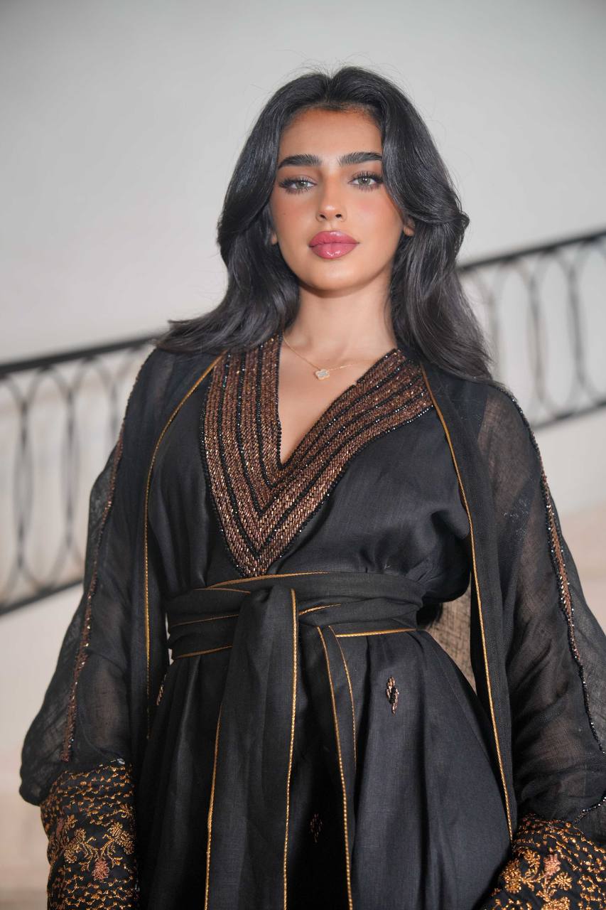 Burlap Bisht with Black Linen Dress with Hand Embroidery C:6613