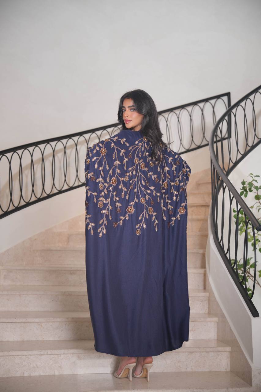 Navy Linen Bisht with Embroidery C:6595 (Free size)