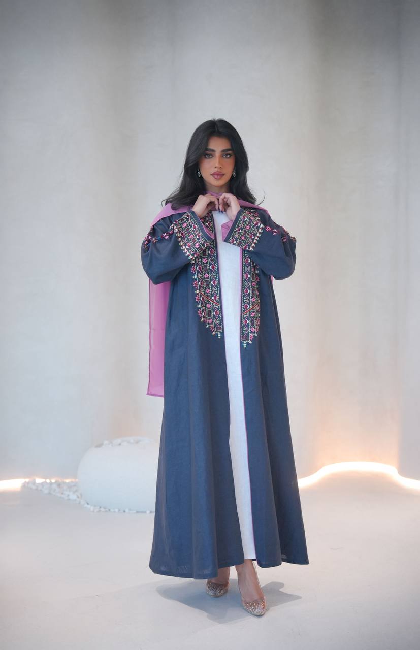 Linen abaya in navy blue with embroidery C:6604