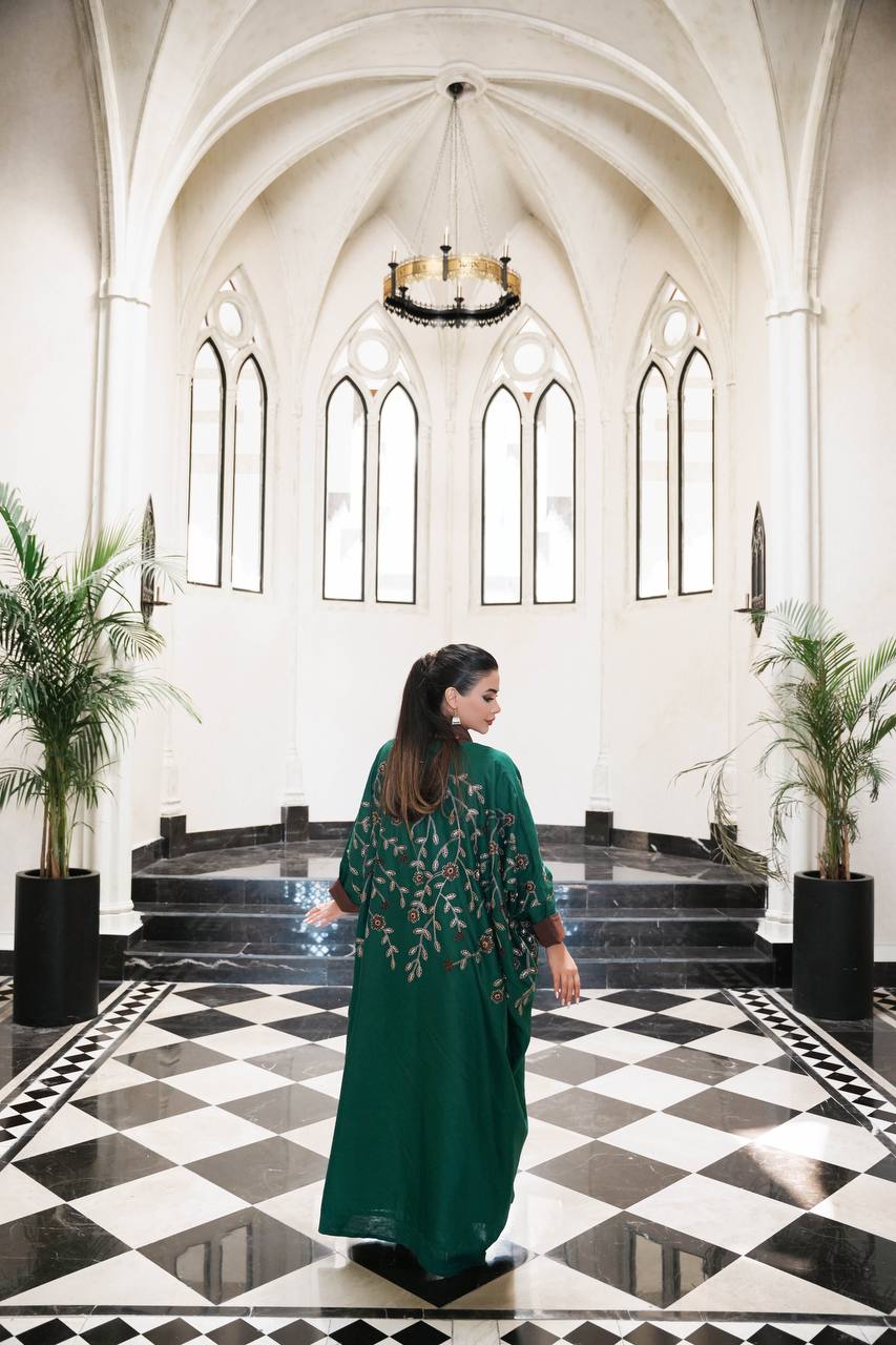 Green linen bisht abaya with embroidery C:6595 Green