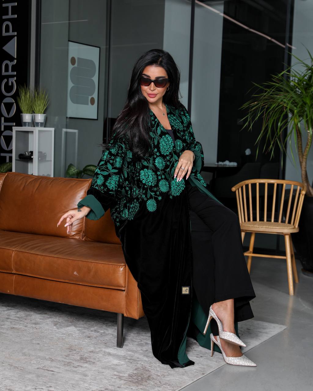 Bisht Abaya Black Embroidered Green 6340 Green (Free size)