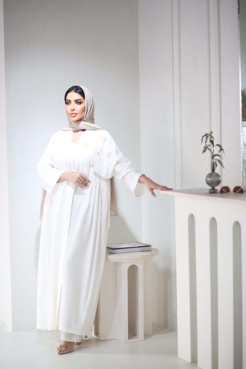 ABAYA LINEN WITH HANDMADE BEAT C;3026WHITE