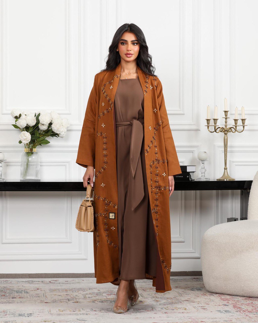 Abaya camel linen with pearl C:6488 BROWN