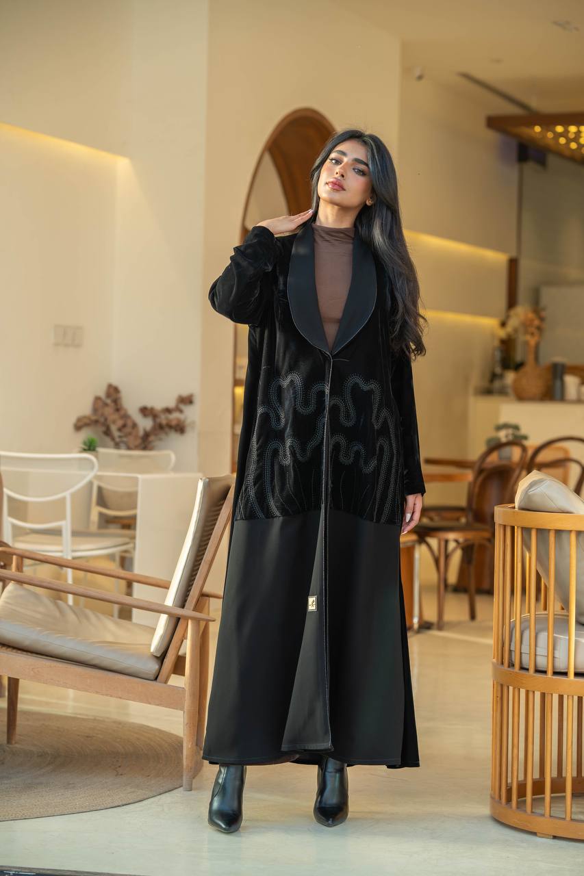 Embroidered velvet blazer abaya with crepe in black color C:6584