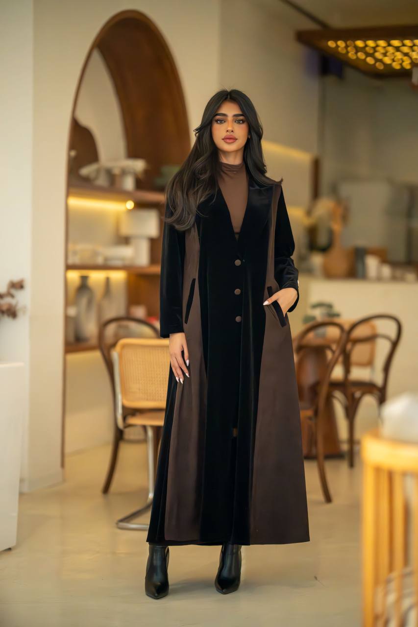 Velvet Abaya Black Crepe and Ribbed Velvet Brown C:6582 Brown