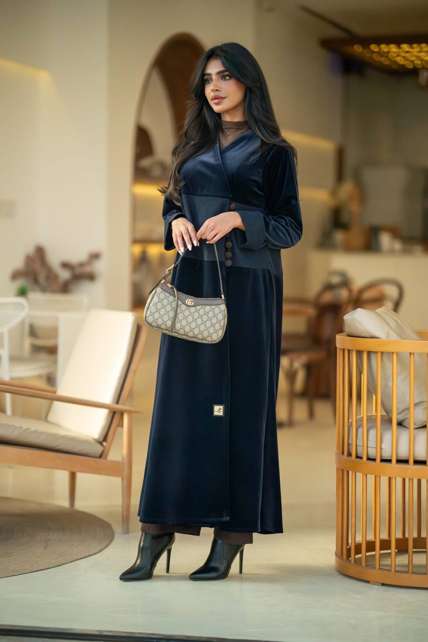 Crepe velvet abaya with ribbed velvet in navy color C:6581