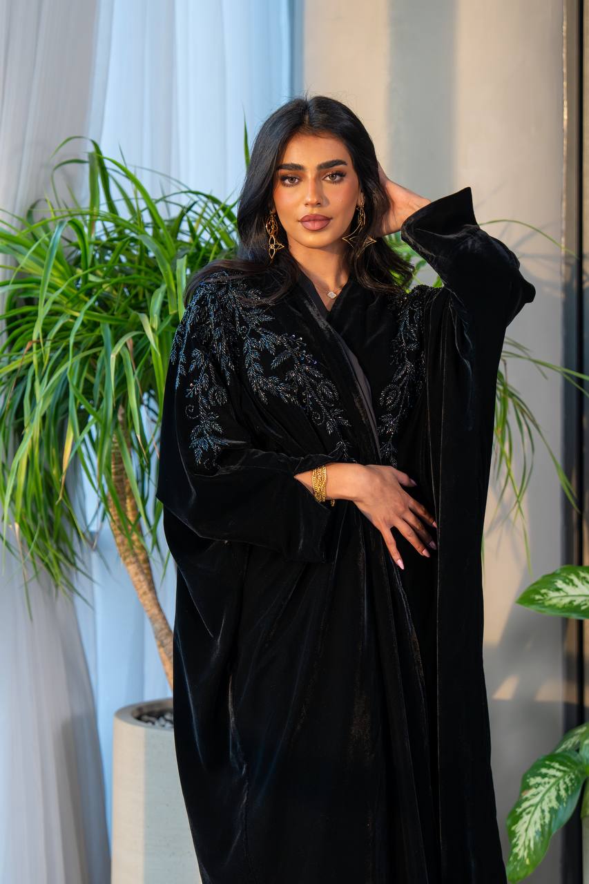 Black velvet bisht abaya with embroidery C:6228 (Free size)