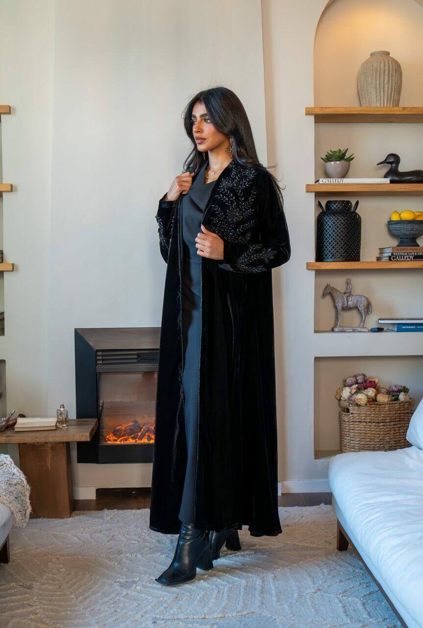 Black velvet abaya with embroidery C:6572
