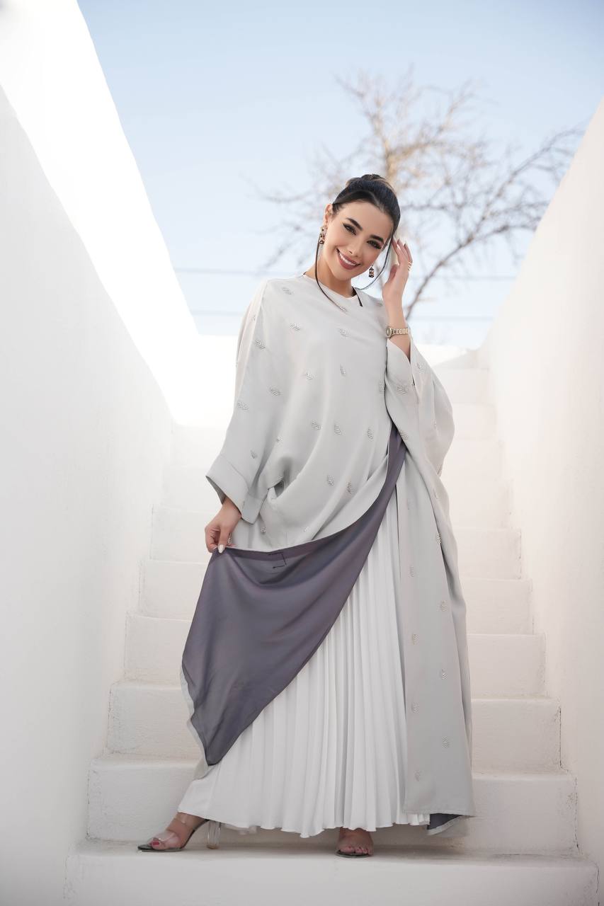 Light beige silk crepe abaya with embroidery C:6387