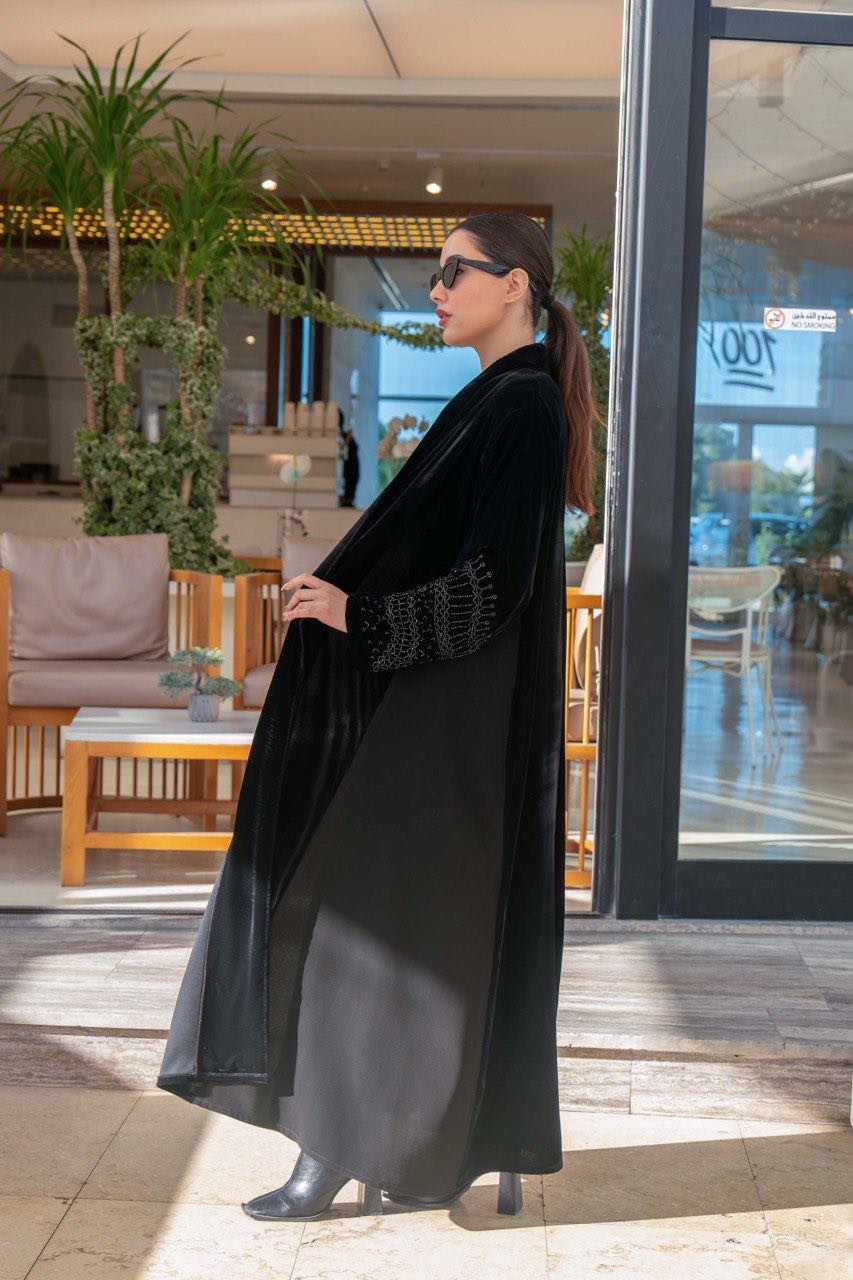 Black velvet and crepe abaya with hand embroidery C:6579 Black