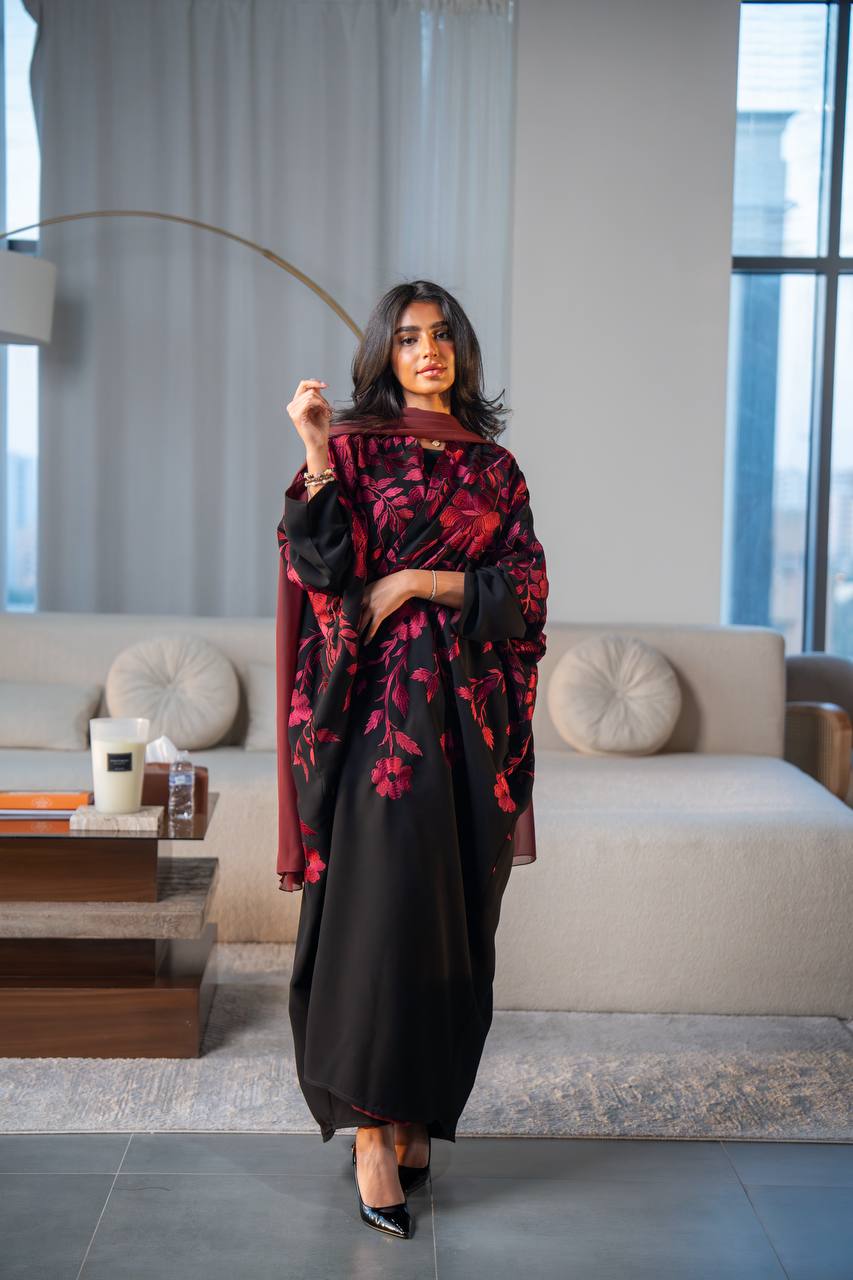 Black crepe abaya with red embroidery.C:6689