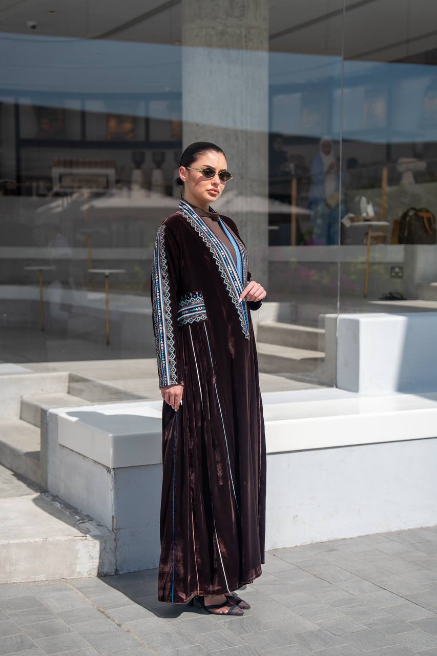 Brown velvet abaya with embroidery.C:6702