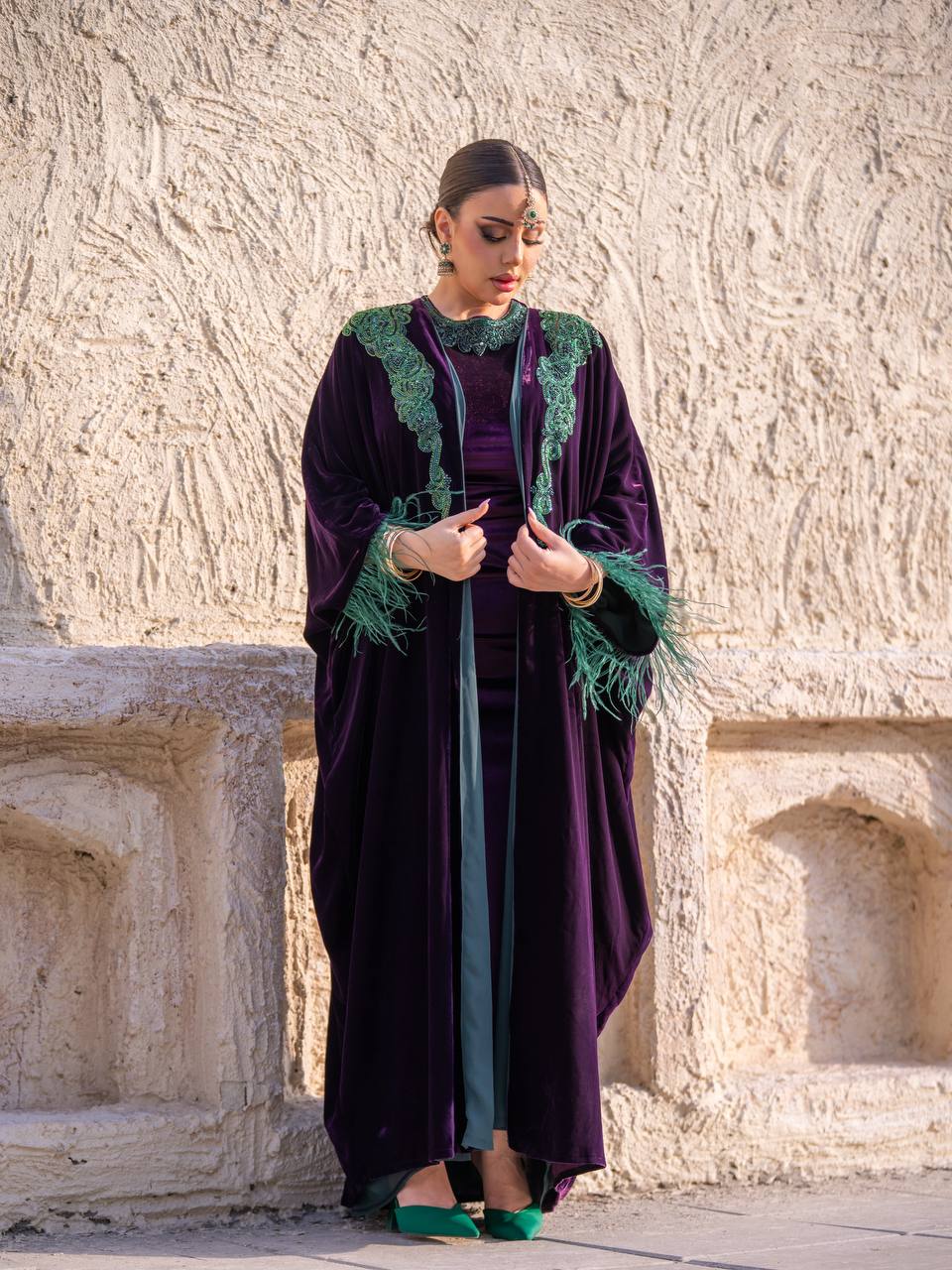 Velvet bisht and dress set in royal purple with hand embellishment.C:6715