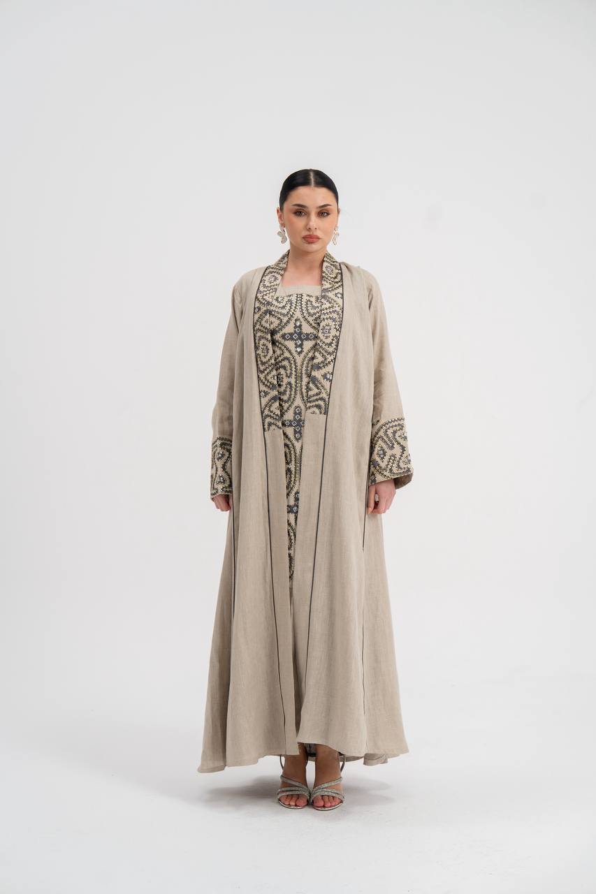 Linen abaya with beige embroidery (with inner set). C:6741