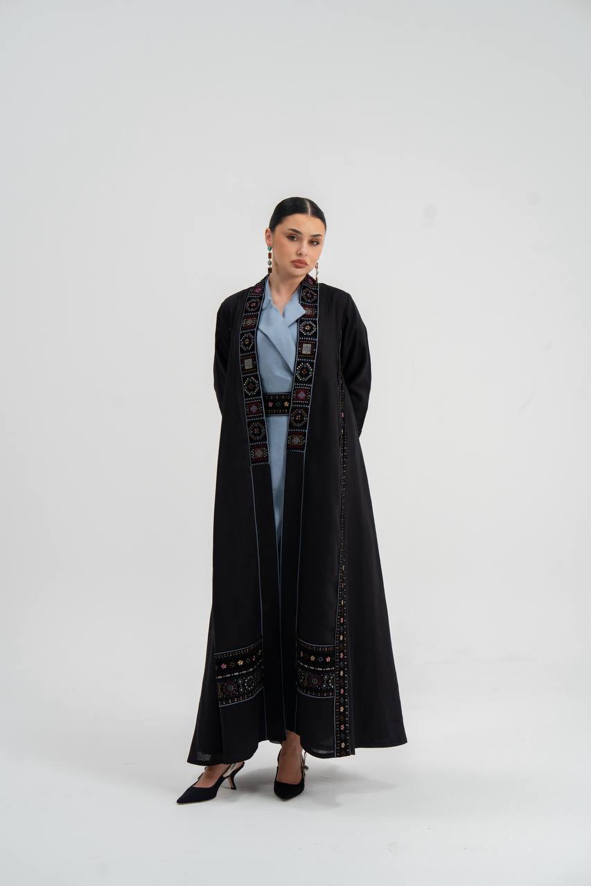 Linen abaya in black with embroidery.C:6746