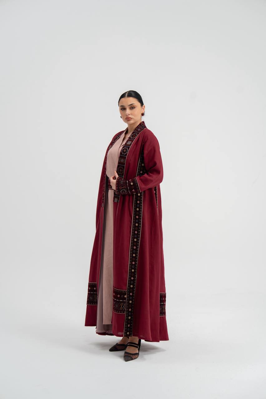Red linen abaya with embroidery. C:6746