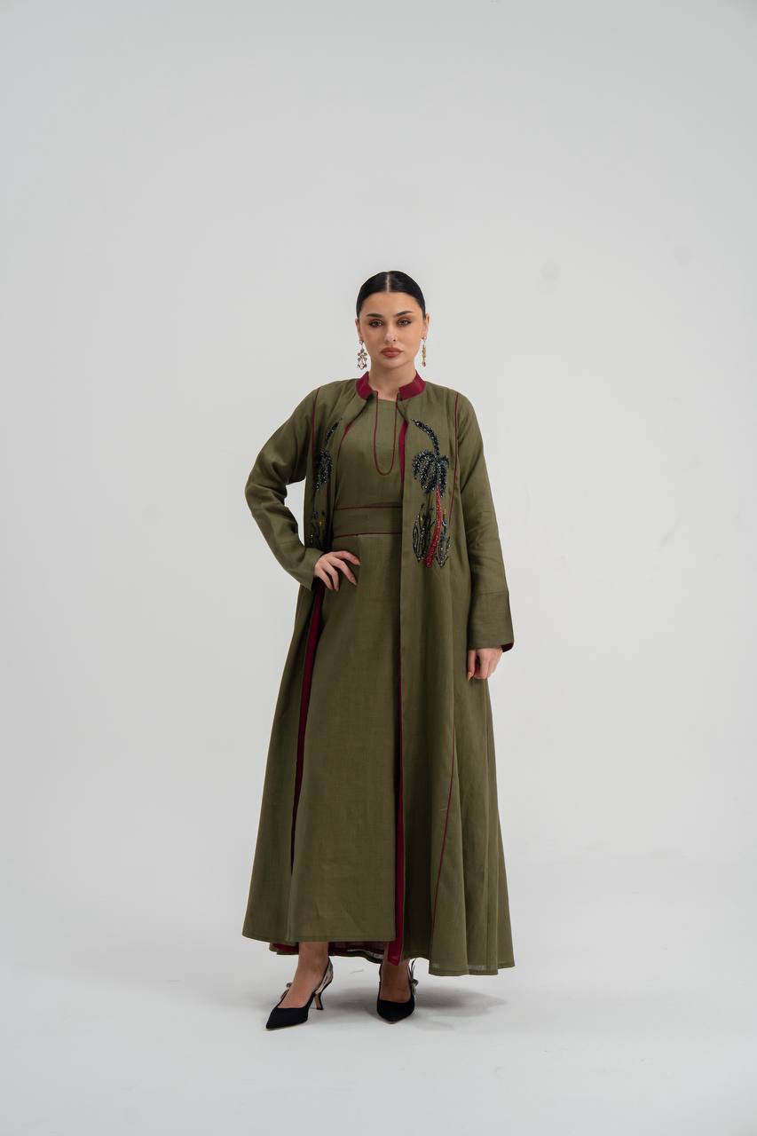 Linen abaya in olive green with hand embroidery (with inner set). C:6748