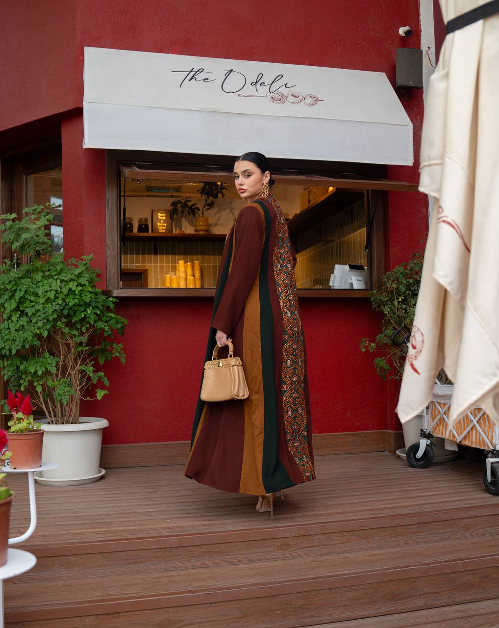 Crepe abaya with linen in brown and camel colors .C:6742