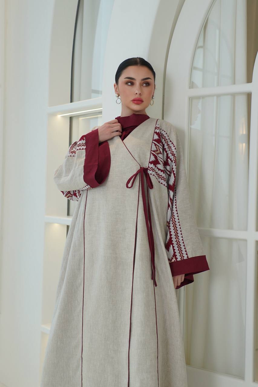 Beige linen abaya with embroidery. C:6757