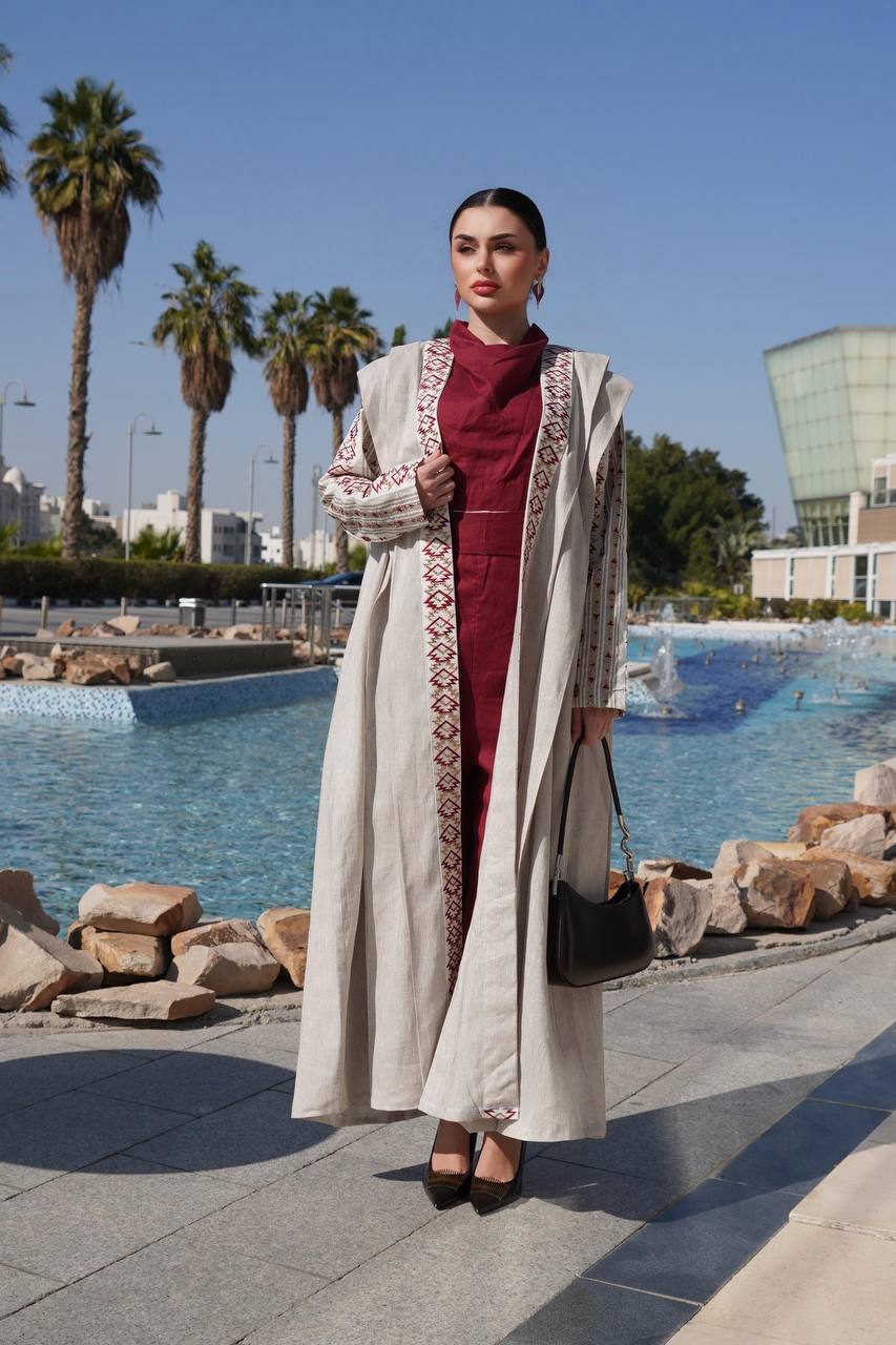 Beige linen abaya with embroidery. C:6758