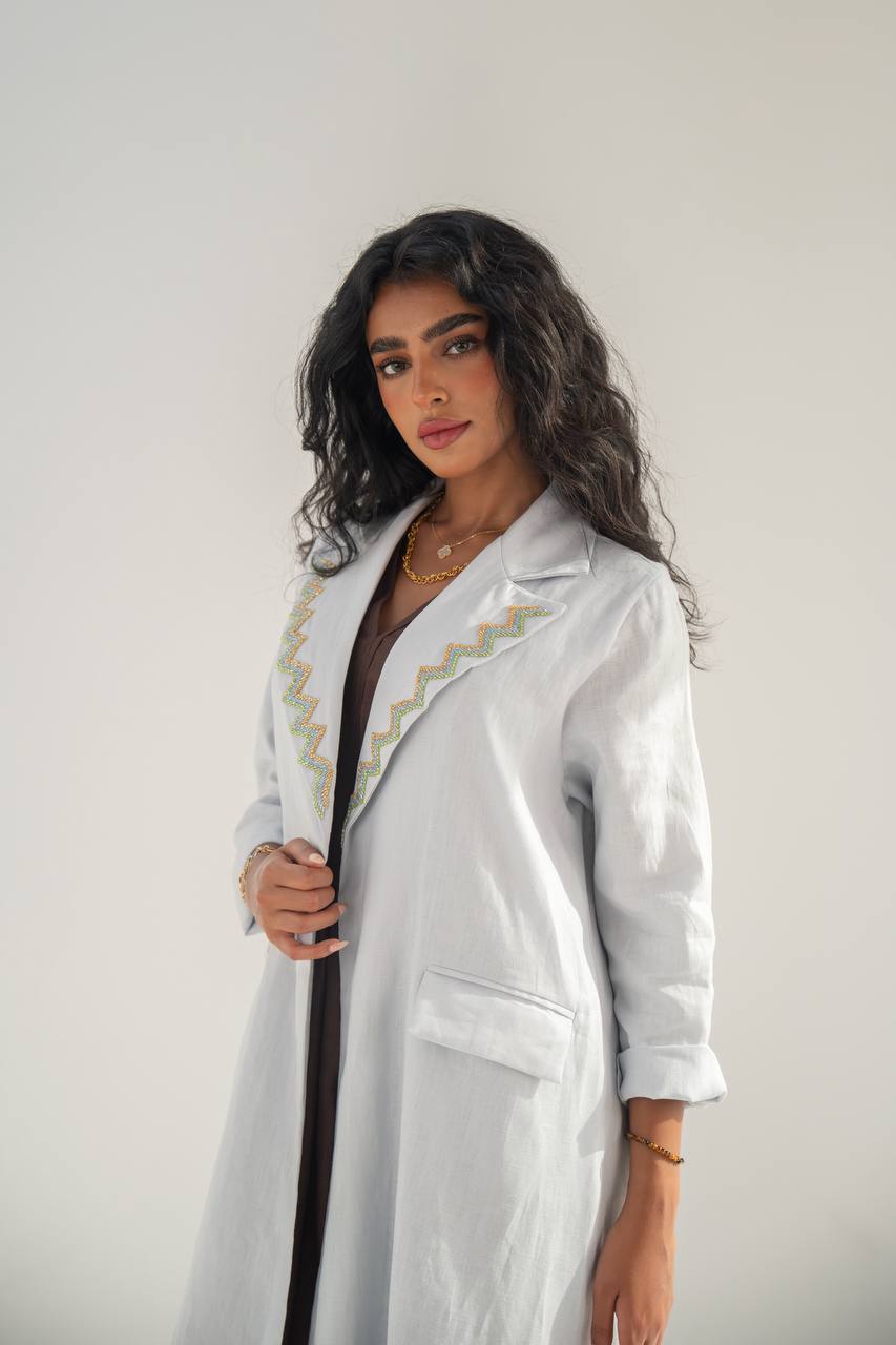 Linen blazer abaya, sky blue with hand embroidery C:6651