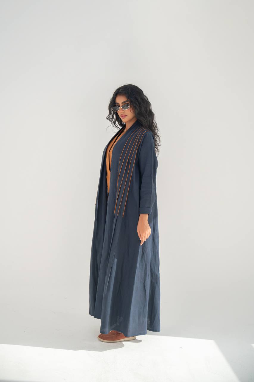 Navy blue linen abaya with inner set C:6637