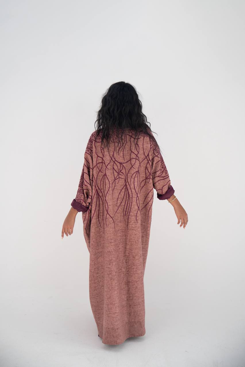 Flesh-colored linen bisht abaya with beading and embroidery C:6648