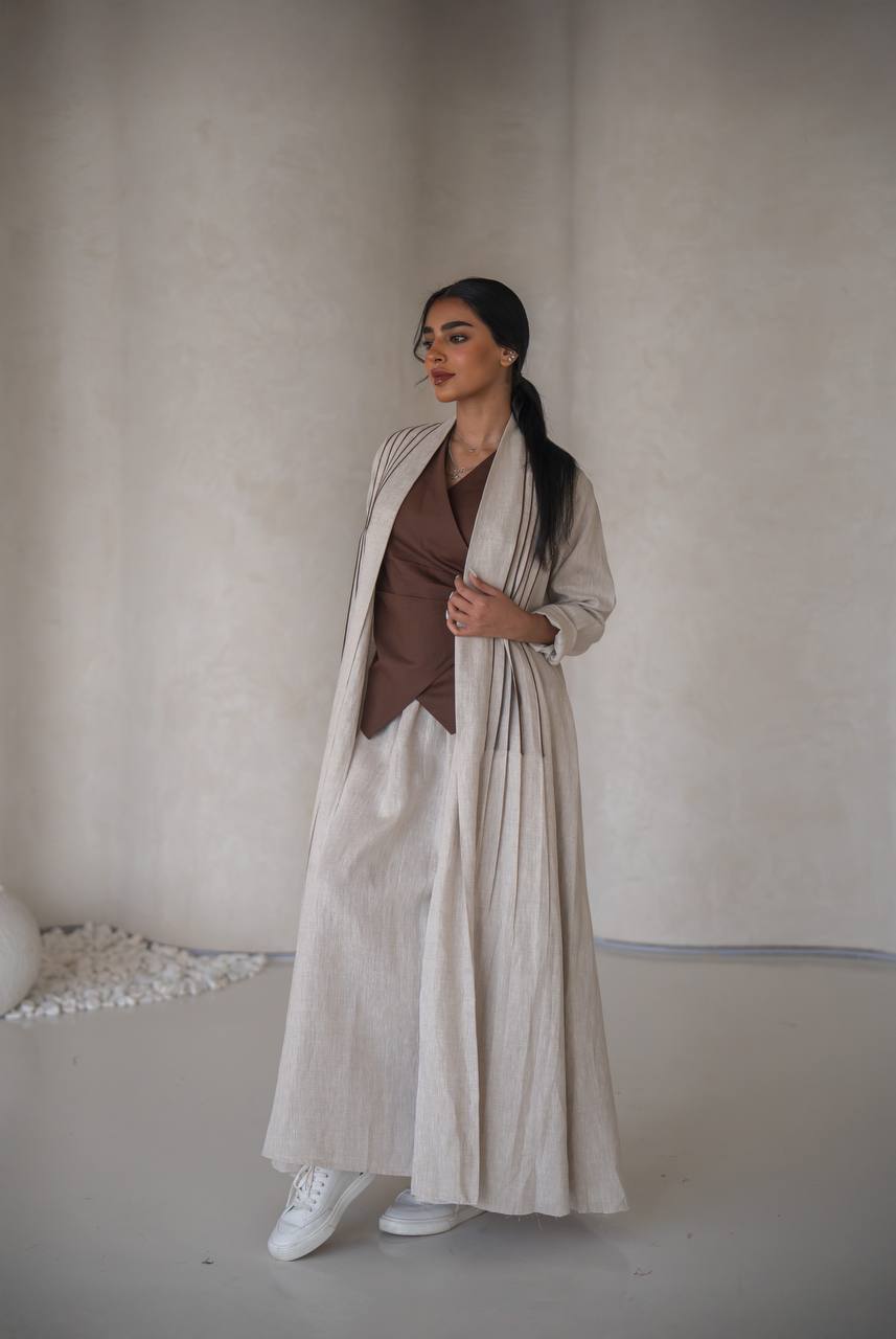 Abaya with a blouse and skirt made of natural linen C:6637 Beige