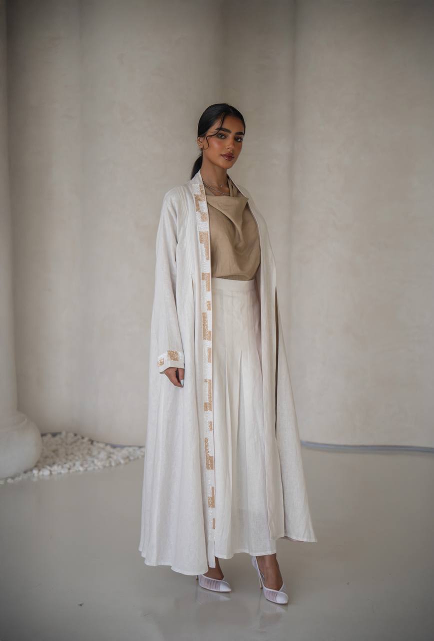 White linen abaya with inner set C:6640 White