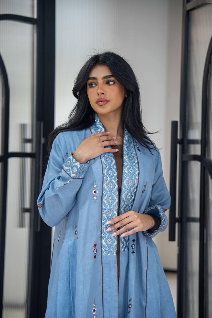 Sky blue linen abaya with embroidery C:6623 Blue