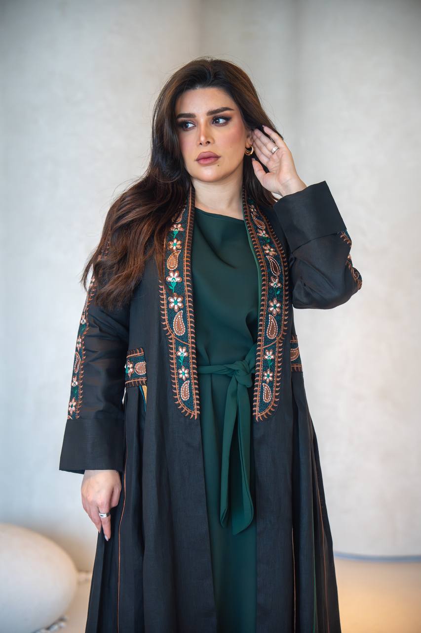 Black linen abaya with embroidery C:6620