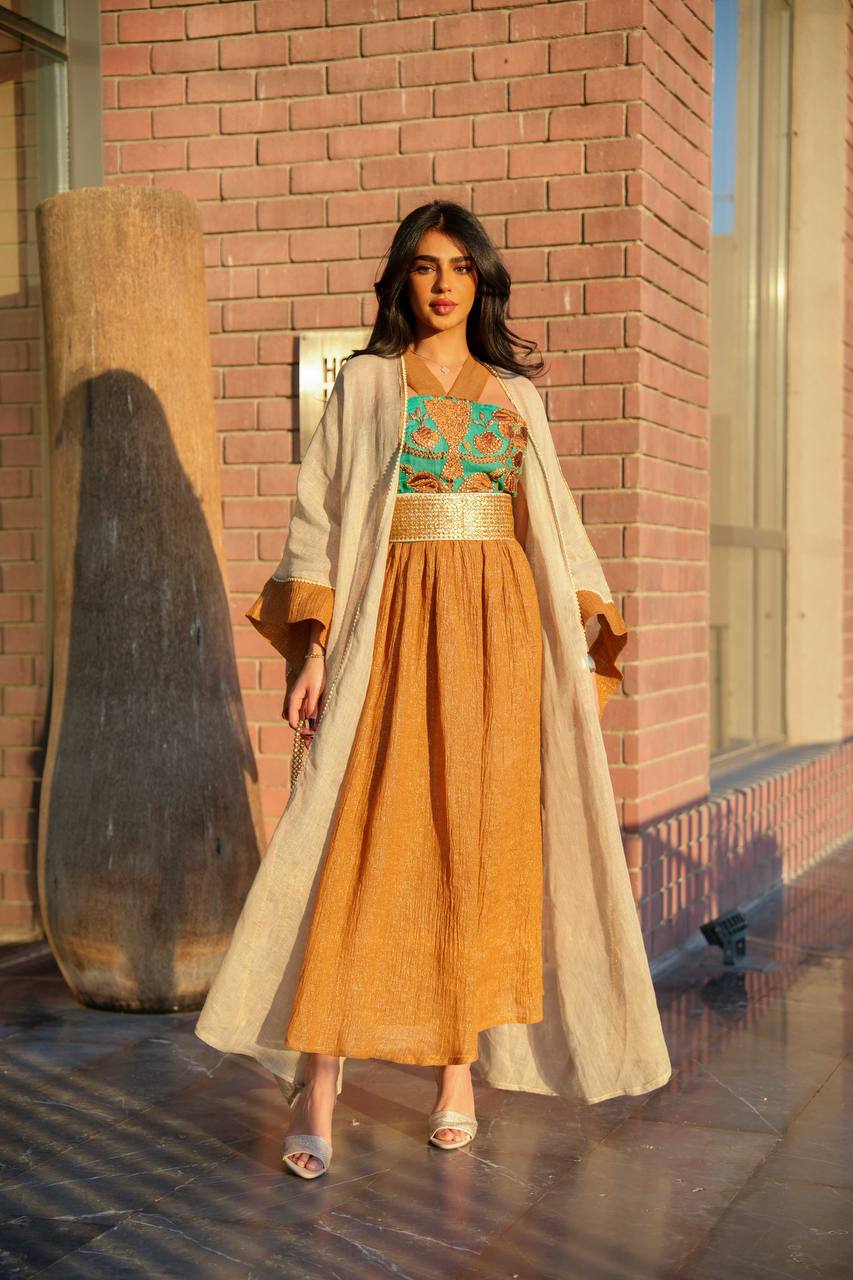 Light beige linen burlap bisht with camel linen dress C:6590