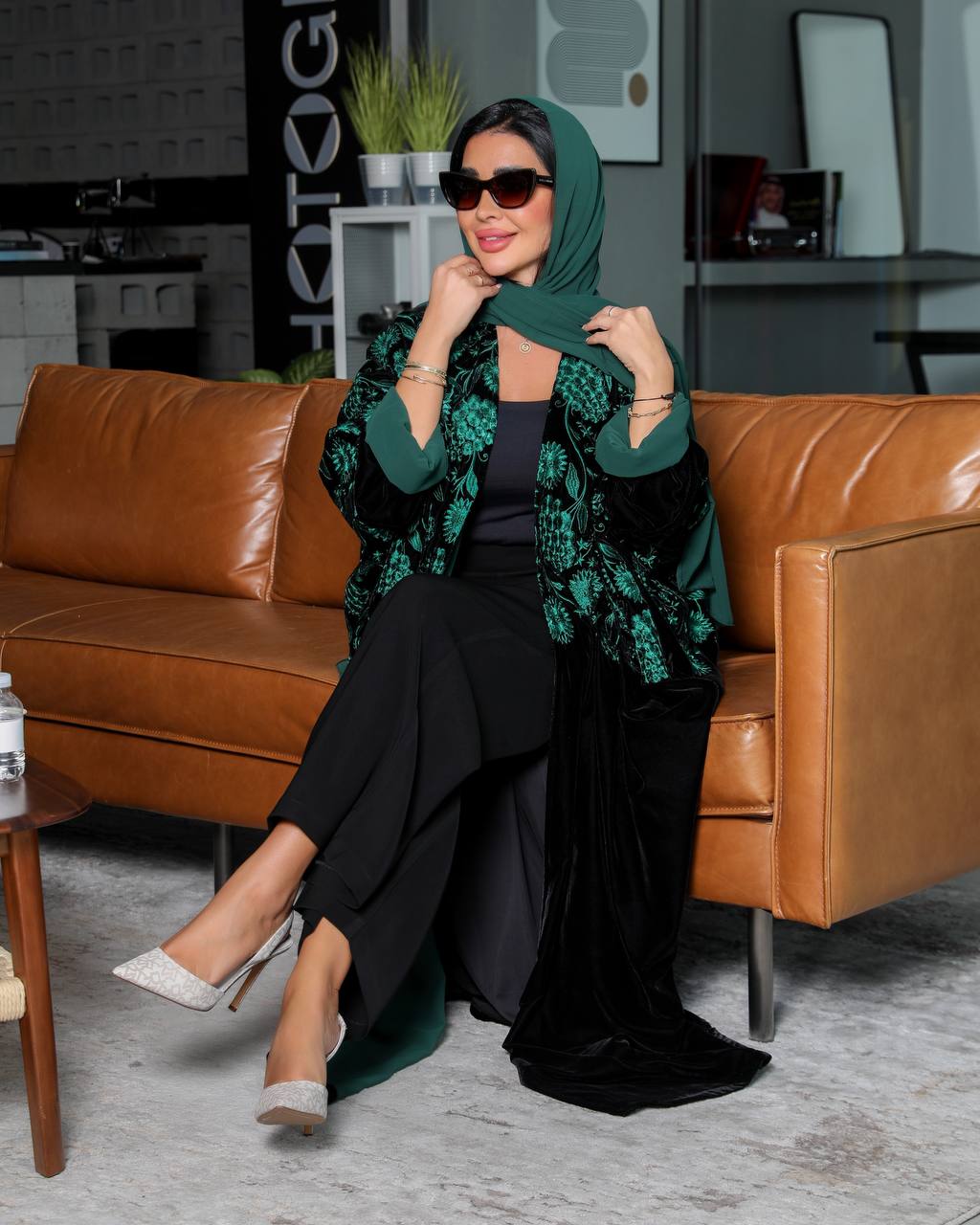 Bisht Abaya Black Embroidered Green 6340 Green (Free size)