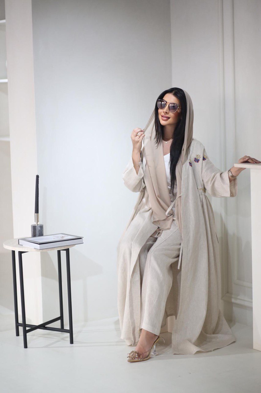 ABAYA LINEN BEIGE WITH HAND EMBROIDERY C:3026beige (Free size)