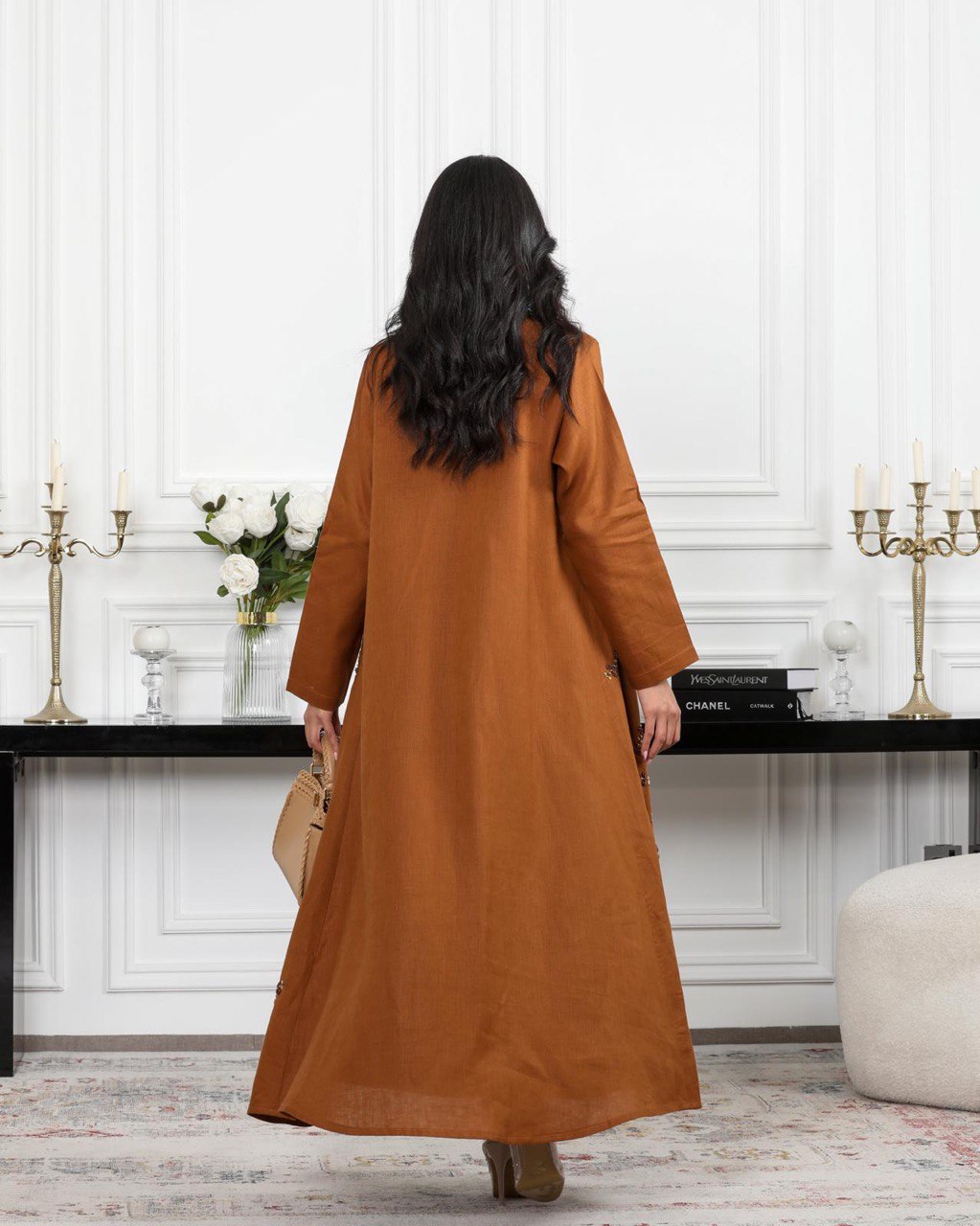 Abaya camel linen with pearl C:6488 BROWN